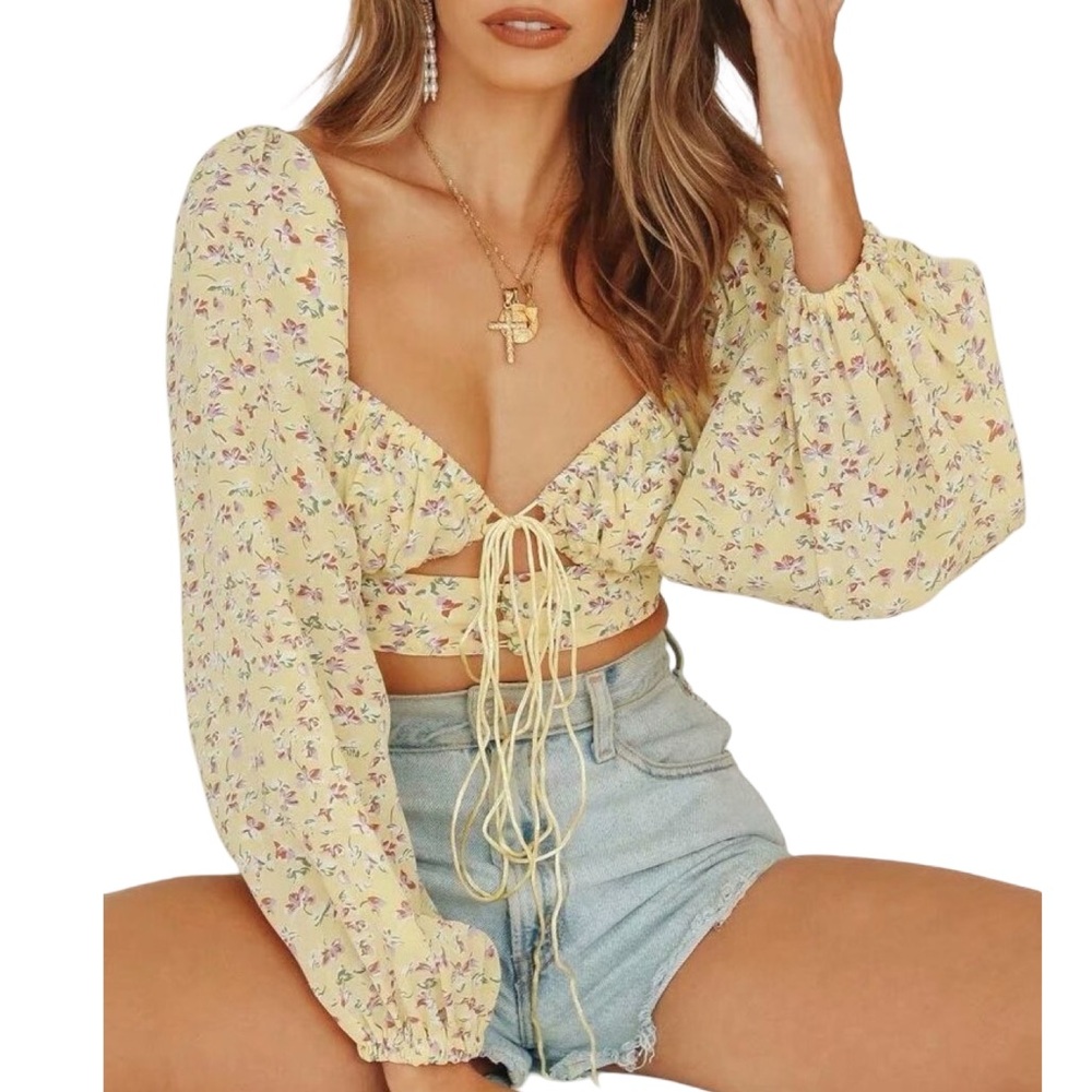 Vrg / Verge Girl Butter Yellow Floral Tie Cropped Top Oversized Balloon Sleeve